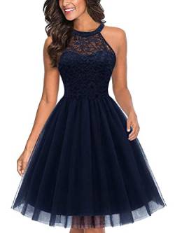 Tomwell Damen Spitzenkleid Sexy Ärmellos Abendkleid Kleid Hohe Taille Schlank Midi Kleid Swing Cocktailkleid Einfarbig Sommer Festlich Partykleid A Dunkelblau XS von Tomwell