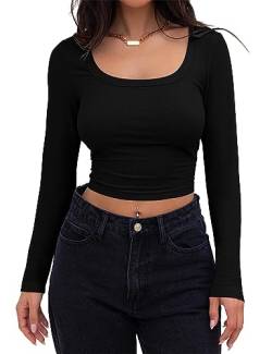 Tomwell Damen Strick Crop T-Shirt Y2K Langarm Crop Tops Sexy Bauchfrei Oberteile Quadratischem Kragen Langarmshirt Cropped Tee Shirts Teenager Mädchen Bluse Elegant Streetwear A Schwarz XS von Tomwell