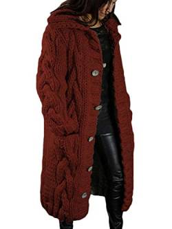 Tomwell Damen Strickjacke Lang Cardigan Übergangsjacke Strick Pullover Strickmantel Herbst Winter Grobstrick Wintermäntel Pulli Sweater Outwear Hooded Cape Gestrickt Rot XXL von Tomwell