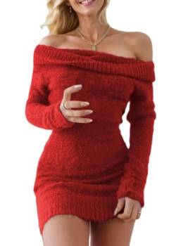 Tomwell Damen Strickkleid Elegant Winterkleid Plüschkleid Einfarbige Langarm Off Schulter Kleid Sexy Fleecekleid Partykleid Wrapped Hip Kleid Pullover Kleider Midikleid A Rot 3XL von Tomwell