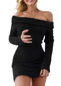 Tomwell Damen Strickkleid Elegant Winterkleid Plüschkleid Einfarbige Langarm Off Schulter Kleid Sexy Fleecekleid Partykleid Wrapped Hip Kleid Pullover Kleider Midikleid A Schwarz 3XL von Tomwell