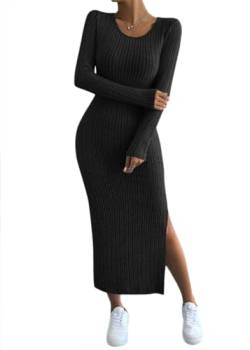 Tomwell Damen Strickkleid Mit Schlitz Rippenstrick Pulloverkleid Langarm U Ausschnitt Figurbetontes Kleid Bodycon Midikleid Pullikleid Einfarbige Freizeitkleid A Schwarz XL von Tomwell