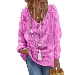 Tomwell Damen Strickpullover Langarm Elegant V-Ausschnitt Pulli Loose Oversize Einfarbig Pullover Stricken Oberteil Strickpulli Pullover (M, Rosa) von Tomwell