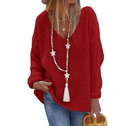 Tomwell Damen Strickpullover Langarm Elegant V-Ausschnitt Pulli Loose Oversize Einfarbig Pullover Stricken Oberteil Strickpulli Pullover Rot M von Tomwell