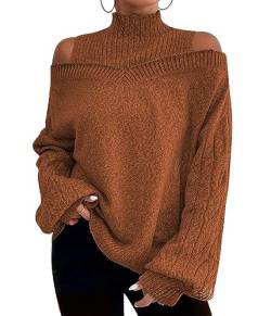 Tomwell Damen Strickwaren Halber Rollkragenpullover mit Laternenärmeln Gestreifter Strickpullover Lockerer Lässiger Strickpullover Damen Pullover B Braun M von Tomwell