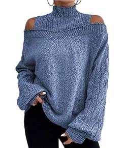 Tomwell Damen Strickwaren Halber Rollkragenpullover mit Laternenärmeln Gestreifter Strickpullover Lockerer Lässiger Strickpullover Damen Pullover B Dunkelblau M von Tomwell