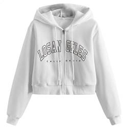 Tomwell Damen Sweatjacke Bauchfrei Kapuzenpullover Kurz Hoodie Sweatshirt Crop Pullover Kapuzenjacke Cropped Jacke mit Kordel und Zip Teenager Mädchen Sportbekleidung A Weiß M von Tomwell