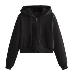 Tomwell Damen Sweatjacke Bauchfrei Kapuzenpullover Kurz Hoodie Sweatshirt Crop Pullover Kapuzenjacke Cropped Jacke mit Kordel und Zip Teenager Mädchen Sportbekleidung B Schwarz S von Tomwell