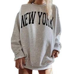 Tomwell Damen Sweatshirt Buchstaben Druck Langarm Rundhals Pullover Bauchfrei Warm Pulli Oversized Casual Bequem Teenager Mädchen Hoodie Sportbekleidung Mit Taschen D Grau XL von Tomwell