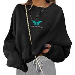 Tomwell Damen Sweatshirt Buchstaben Druck Langarm Rundhals Pullover Bauchfrei Warm Pulli Oversized Casual Bequem Teenager Mädchen Hoodie Sportbekleidung Mit Taschen J1 Schwarz S von Tomwell