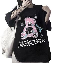 Tomwell Damen T-Shirt Kawaii Sommer Kurzarm Lose Hemd Shirt Anime Cartoon Oversize Rundhals Sweatshirt Oberteil Japan Harajuku Gothic Kpop Fashion Pastel Goth Lässige Tops Schwarz H 4XL von Tomwell