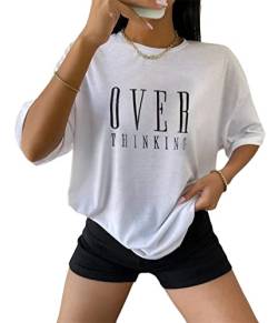 Tomwell Damen T-Shirt Kurzarm Sport Sommer Oberteile Oversized T-Shirt mit Buchstaben Druck Sweatshirt Lose Rundhals Bluse Teenager Mädchen Top Tunika Lang A Weiß M von Tomwell