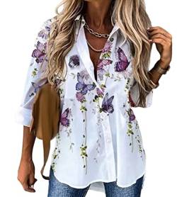 Tomwell Damen V-Ausschnitt Lange Ärmel Bluse Hemd Mit Löwenzahn Schmetterling Gedruckt Reißverschluss Tunika Tops Longshirt Hemd T-Shirt E Weiß XL von Tomwell