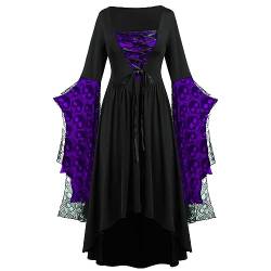 Tomwell Damen Vintage Mittelalter Elegante Lang Kleider Schnürkleid Retro Renaissance Cosplay Dress Party Festlich A-Linie Maxikleid Halloween Kostüm C DunkelViolett S von Tomwell