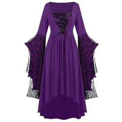 Tomwell Damen Vintage Mittelalter Elegante Lang Kleider Schnürkleid Retro Renaissance Cosplay Dress Party Festlich A-Linie Maxikleid Halloween Kostüm C Violett S von Tomwell