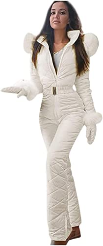 Tomwell Damen Winter Warme Schnee Skifahren Sätze Outdoor Sports Jumpsuit Langer Overall mit Kapuze Reißverschluss Dick Skianzüge wasserdicht Schneeanzug Hooded Skisuit Weiß XL von Tomwell