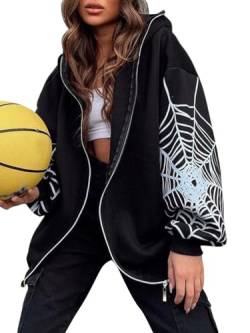 Tomwell Damen Y2K Jacke Full Zip Up Hoodies mit Spinne Graphics Harajuku Gothic Sweatshirt Übergroße Kapuzenjacke Langarm 90er E-Girl Top Frühling Herbst Vintage Streetwear A Schwarz XL von Tomwell