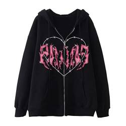 Tomwell Damen Y2K Jacke Zip Up Hoodies Goth Skeleton Strass Graphics Harajuku Oversized Sweatshirt Vintage Kapuzenjacke Kordelzug Sweatjacke mit Kapuze 90er E-Girl Top T Schwarz L von Tomwell