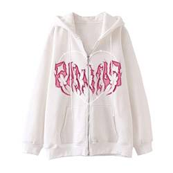 Tomwell Damen Y2K Jacke Zip Up Hoodies Goth Skeleton Strass Graphics Harajuku Oversized Sweatshirt Vintage Kapuzenjacke Kordelzug Sweatjacke mit Kapuze 90er E-Girl Top T Weiß L von Tomwell