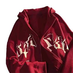 Tomwell Damen Y2K Jacke Zip Up Hoodies Harajuku Hip Hop Sweatshirt Vintage Goth Druck Kapuzenjacke Straßenmode Unisex Kordelzug Sweatjacke mit Kapuze 90er E-Girl Top C Rot S von Tomwell