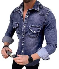 Tomwell Denim Freizeithemden Herren Kurzarm Slim fit V-Ausschnitt Knöpfen T-Shirts Männer Jeanshemd Herrenhemden Strickjacke Blau M von Tomwell