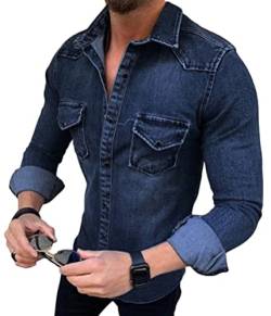 Tomwell Denim Freizeithemden Herren Kurzarm Slim fit V-Ausschnitt Knöpfen T-Shirts Männer Jeanshemd Herrenhemden Strickjacke Dunkelblau M von Tomwell