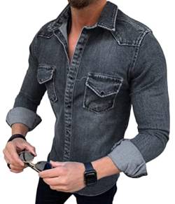 Tomwell Denim Freizeithemden Herren Kurzarm Slim fit V-Ausschnitt Knöpfen T-Shirts Männer Jeanshemd Herrenhemden Strickjacke Schwarz M von Tomwell