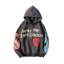 Tomwell Graffiti Brief Druck Sweatshirt Mit Kapuze Lucky me I See Ghosts Harajuku Hoodie Hip Hop Hoodie Kapuzenpullover Pullover A Grau XL von Tomwell