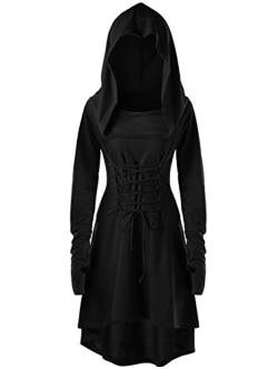 Tomwell Halloween Kostüm Damen Mittelalter Gothic Kleid mit Kapuze A-Linie Schnürkleid Renaissance Cosplay Party Übergröße Robe Hexen Umhänge Party Karneval Kleidung Schwarz L von Tomwell