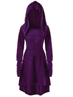 Tomwell Halloween Kostüm Damen Mittelalter Gothic Kleid mit Kapuze A-Linie Schnürkleid Renaissance Cosplay Party Übergröße Robe Hexen Umhänge Party Karneval Kleidung Violett M von Tomwell