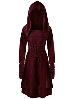 Tomwell Halloween Kostüm Damen Mittelalter Gothic Kleid mit Kapuze A-Linie Schnürkleid Renaissance Cosplay Party Übergröße Robe Hexen Umhänge Party Karneval Kleidung Wein M von Tomwell