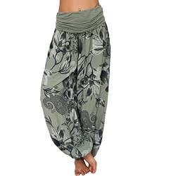 Tomwell Haremshose Damen Lang Lose Bedrucken Pumphose Leichte Sommer Lässige Blumenmuster Aladin Pants Yogahose Strandhose mit Elastischen Bund A Armeegrün XXL von Tomwell