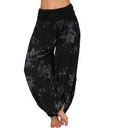 Tomwell Haremshose Damen Lang Lose Bedrucken Pumphose Leichte Sommer Lässige Blumenmuster Aladin Pants Yogahose Strandhose mit Elastischen Bund A Schwarz L von Tomwell