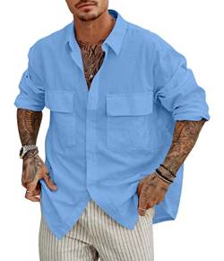 Tomwell Herren Baumwolle Leinenhemd Lange Ärmel Freizeithemd Revers Button Casual Oberteile Mode Henley Shirts Leinenshirt Businesshemd A Blau XL von Tomwell