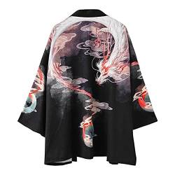 Tomwell Herren Japanischen Kimono Cardiqan Bademantel Morgenmantel Robe Dreiviertel-Ärmel Mit Lockerem Yin Yang und Drachen Drucken Unisex Lose Bluse Sommer Tops A XL von Tomwell