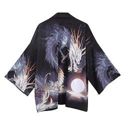 Tomwell Herren Japanischen Kimono Cardiqan Bademantel Morgenmantel Robe Dreiviertel-Ärmel Mit Lockerem Yin Yang und Drachen Drucken Unisex Lose Bluse Sommer Tops C XXL von Tomwell