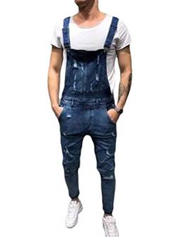 Tomwell Herren Jeans Latzhose Lange Jeanshose Jumpsuit Suspender Pants Retro Denim Bib Skinny Fit Streetwear Stone-Washed Zerreißen Arbeitshosen Qualität mit Taschen E Dunkelblau 3XL von Tomwell