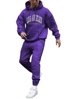 Tomwell Herren Jogginganzug 2 Teile Herbst Winter Sport Set Langarm Sportanzug mit Kapuze Männer Lose Trainingsanzug Los Angeles Brief Hoodie + Jogginghose für Fitness Gym A Violett L von Tomwell