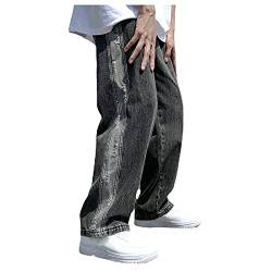 Tomwell Herren Straight Jeans Farbblock Patchwork Denim Hose Retro Nähen Loose Jeans Jogginghose Streetwear F Schwarz XS von Tomwell