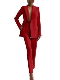 Tomwell Hosenanzüge für Damen Blazer 2-teilig Anzugjacke Einfarbig Anzug Set Slimfit Festlich Streetwear Elegant Freizeitmantel Business Mode Revers Mantel A Rot L von Tomwell