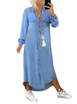 Tomwell Jeanskleid Damen Elegant Langarm Kleid Midikleid Mit Taschen Blusenkleid Denimkleid Knopf Blusenkleid Hemdkleid G Blau XL von Tomwell