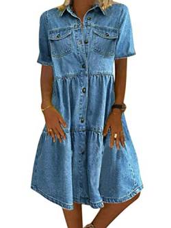 Tomwell Jeanskleid Sommerkleid Damen Jeans Kleider Strandkleider Einfarbig A-Linie Kleid Boho Knielang Kleid Denimkleid (XL, A Hellblau) von Tomwell