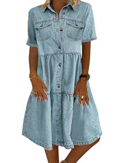 Tomwell Jeanskleid Sommerkleid Damen Jeans Kleider Strandkleider Einfarbig A-Linie Kleid Boho Knielang Kleid Denimkleid 4 Blau M von Tomwell