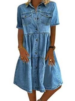 Tomwell Jeanskleid Sommerkleid Damen Jeans Kleider Strandkleider Einfarbig A-Linie Kleid Boho Knielang Kleid Denimkleid 4 Hellblau M von Tomwell