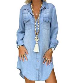 Tomwell Jeanskleid Sommerkleid Damen Jeans Kleider V-Ausschnitt Kurzarm Strandkleider Einfarbig A-Linie Kleid Boho Knielang Kleid Denimkleid Tunika Hemd Blusenkleid B Blau XXL von Tomwell