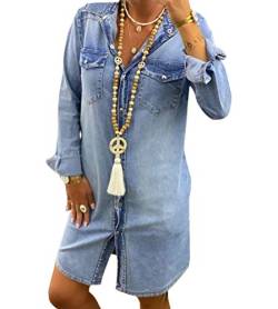 Tomwell Jeanskleid Sommerkleid Damen Jeans Kleider V-Ausschnitt Kurzarm Strandkleider Einfarbig A-Linie Kleid Boho Knielang Kleid Denimkleid Tunika Hemd Blusenkleid C Blau XXL von Tomwell