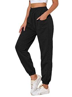 Tomwell Jogginghose Damen Sporthose Lang Trainingshose Loose Fit Hohe Taile Yoga Hosen Freizeithose Laufhosen Sweathose mit Taschen B Schwarz L von Tomwell