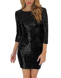 Tomwell Kurze Abendkleider Damen Paillettenkleid Langarm Rundhals Backless Sexy Partykleid Ballkleid Abend Minikleid A Schwarz 44 von Tomwell