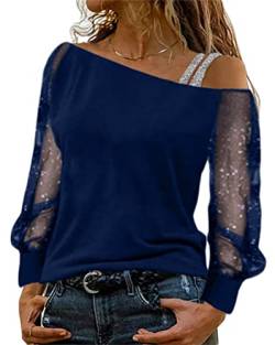 Tomwell Langarmshirt Damen Elegant Schulterfreies Transparent Tüll Mesh Patchwork Shirt Oberteile Sexy Durchsichtiges Netz Ärmel T-Shirt Casual Einfarbig Top Tunika Bluse A Blau 3XL von Tomwell