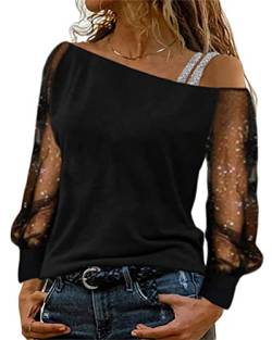 Tomwell Langarmshirt Damen Elegant Schulterfreies Transparent Tüll Mesh Patchwork Shirt Oberteile Sexy Durchsichtiges Netz Ärmel T-Shirt Casual Einfarbig Top Tunika Bluse A Schwarz L von Tomwell